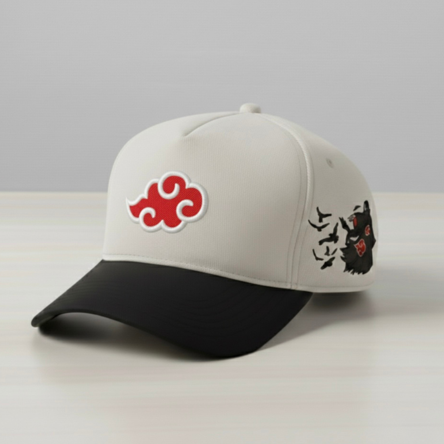 Anime-Inspired Crimson Eye Ninja Red Cloud Embroidered Hat – Minimal Dark Design