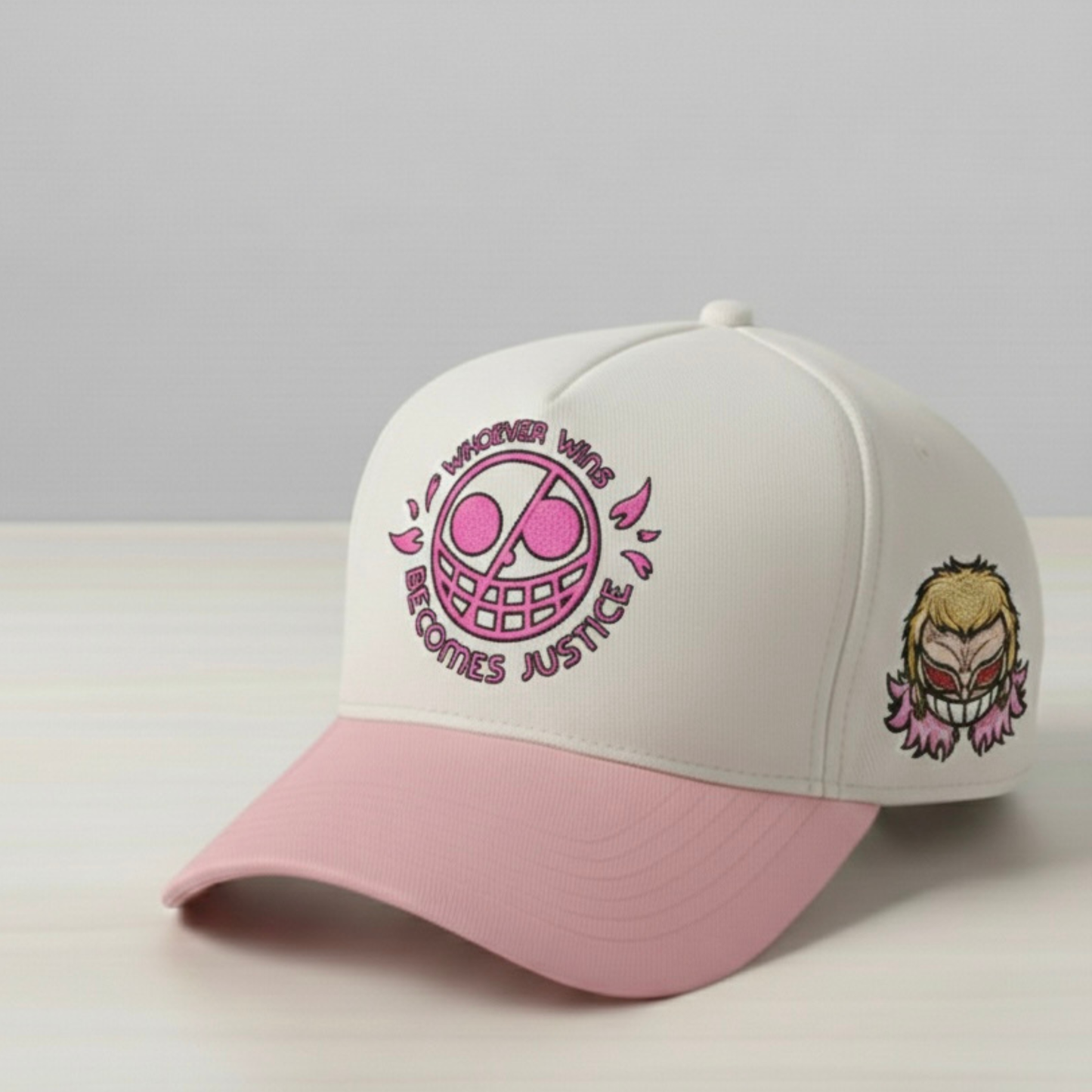 Anime-Inspired Feathered Villain Embroidered Hat – Pink Streetwear Style