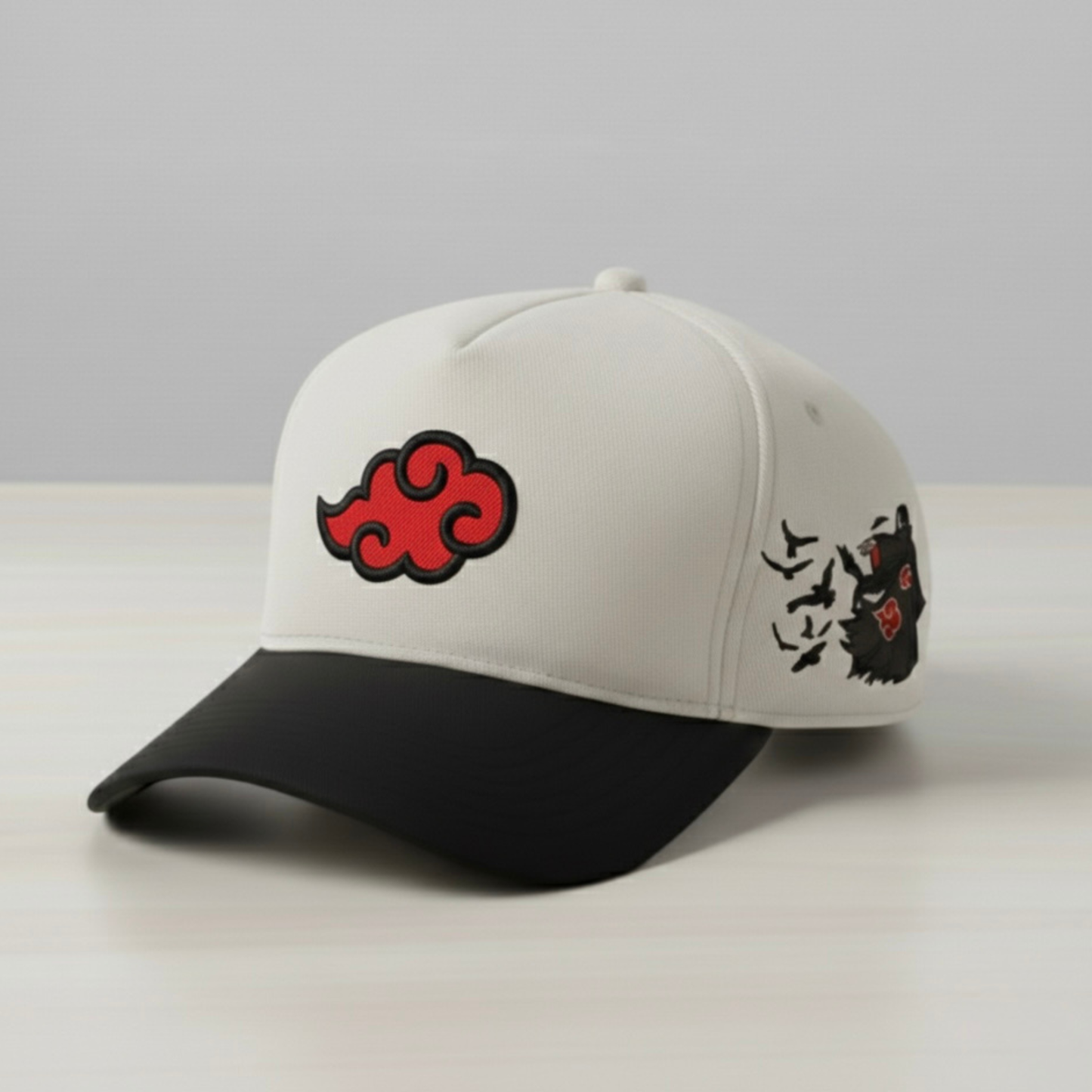 Anime-Inspired Crimson Eye Ninja Red Cloud Embroidered Hat – Minimal Dark Design