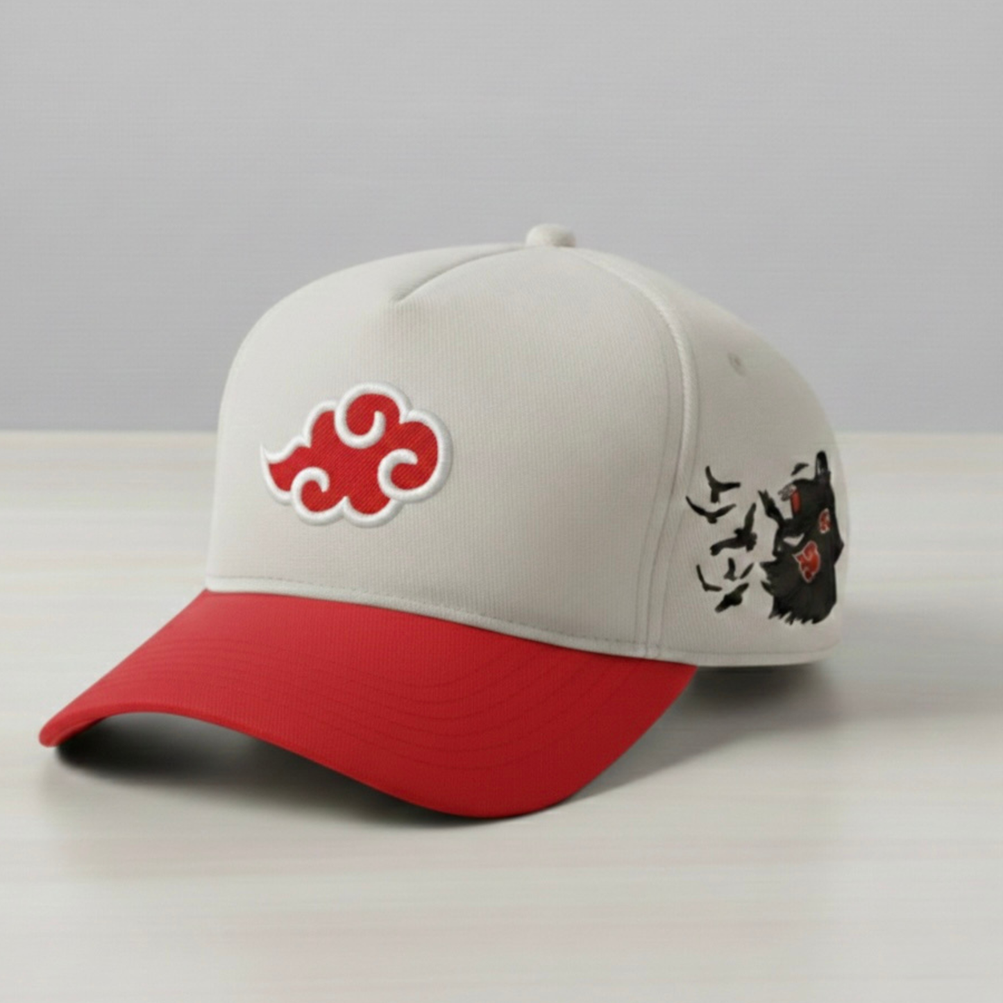 Anime-Inspired Crimson Eye Ninja Red Cloud Embroidered Hat – Minimal Dark Design