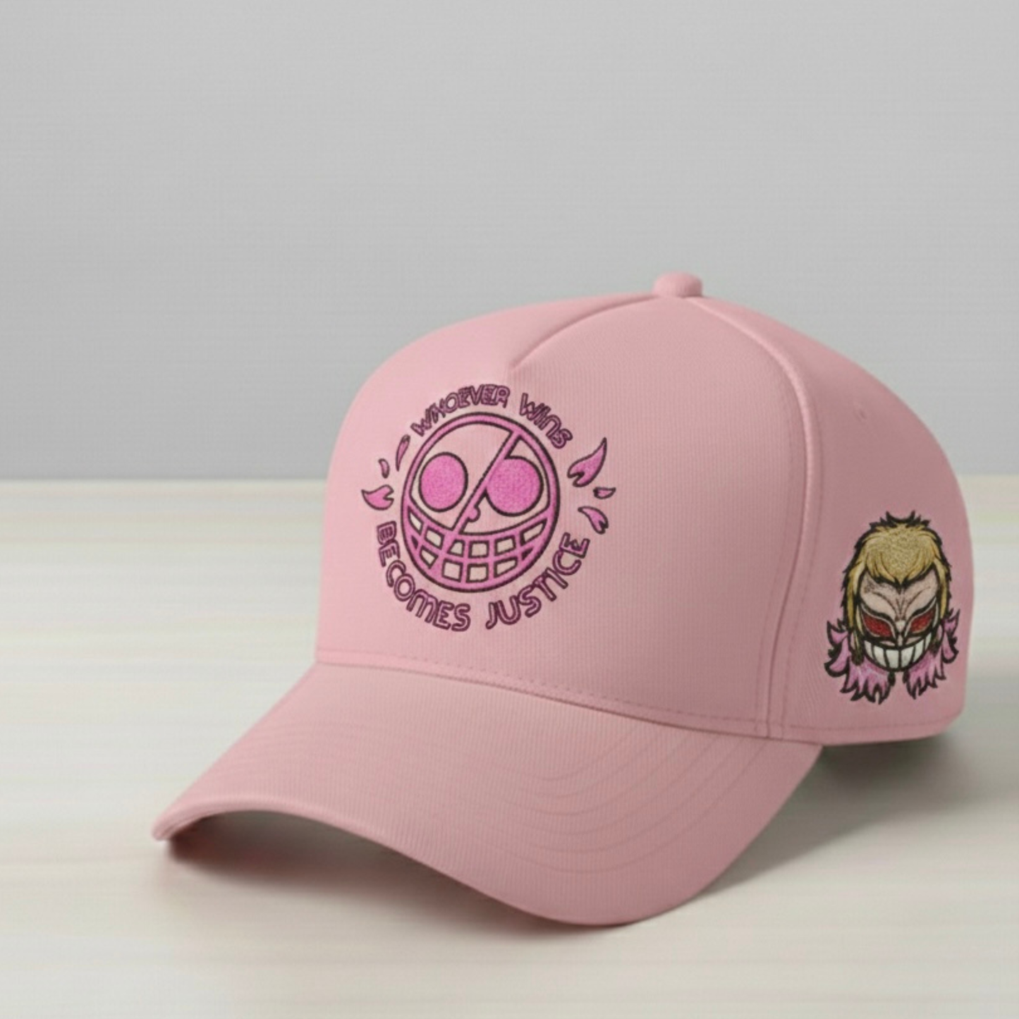 Anime-Inspired Feathered Villain Embroidered Hat – Pink Streetwear Style
