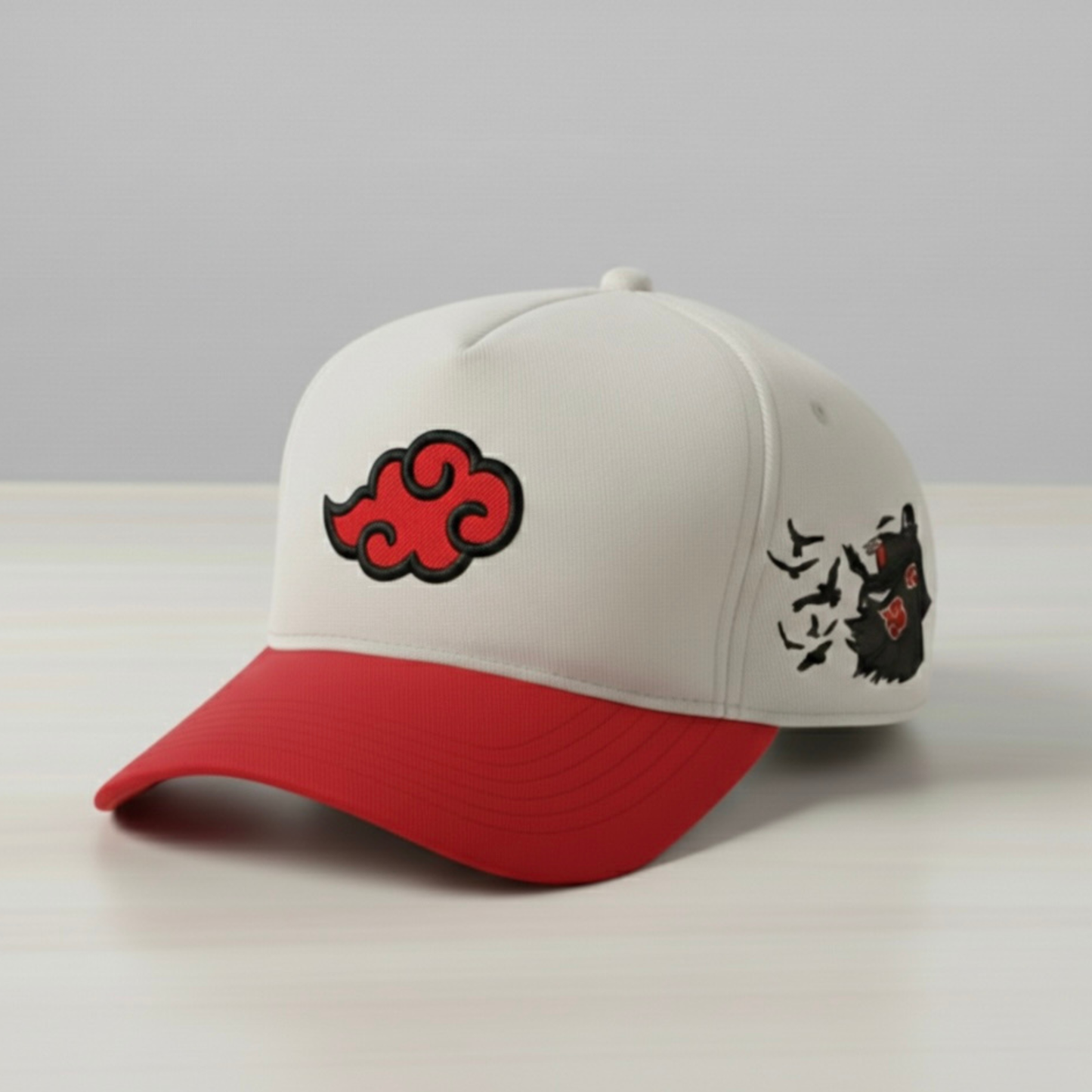 Anime-Inspired Crimson Eye Ninja Red Cloud Embroidered Hat – Minimal Dark Design
